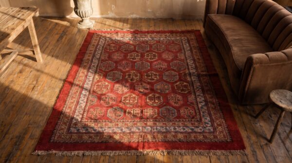 Red antique tribal paisley pattern small scatter size turkish oushak area rug 2 Red antique tribal paisley pattern small scatter size turkish oushak area rug (sku 18871) - styled overhead view