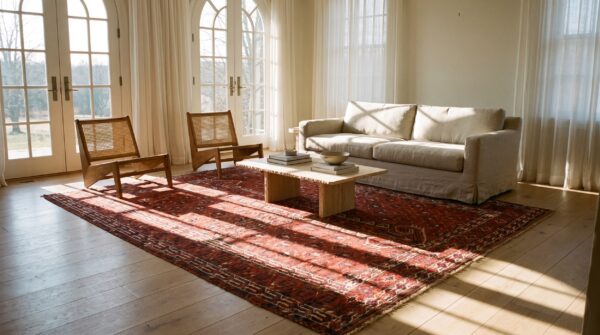 Red tribal antique turkmen engsi allover hand knotted square central asian rug 10 Red tribal antique turkmen engsi allover hand knotted square central asian rug (sku 24260) - room view