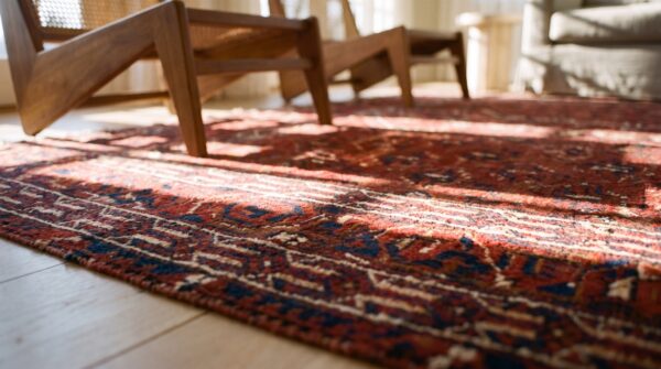 Red tribal antique turkmen engsi allover hand knotted square central asian rug 11 Red tribal antique turkmen engsi allover hand knotted square central asian rug (sku 24260) - in-room detail