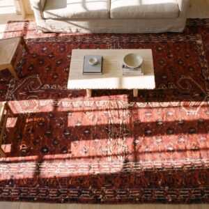 Red Tribal Antique Turkmen Engsi Allover Hand Knotted Square Central Asian Rug (SKU 24260) - styled overhead view