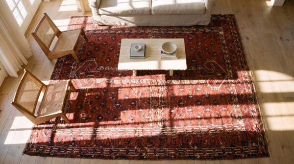 Red tribal antique turkmen engsi allover hand knotted square central asian rug 2 Red tribal antique turkmen engsi allover hand knotted square central asian rug (sku 24260) - styled overhead view