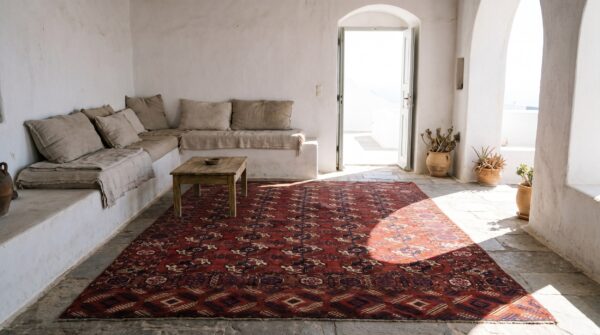 Red antique turkman tekke tribal geometric bokhara design rug (sku 22769) - room view