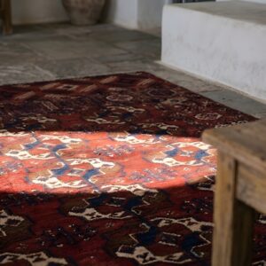 Red Antique Turkman Tekke Tribal Geometric Bokhara Design Rug (SKU 22769) - in-room detail