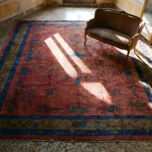 Rich Red Color Big Size Antique Wool Pile Hand Knotted Deco Chinese Rug (SKU 23852) - styled overhead view