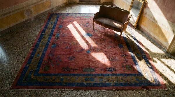 Rich red color big size antique wool pile hand knotted deco chinese rug 2 Rich red color big size antique wool pile hand knotted deco chinese rug (sku 23852) - styled overhead view
