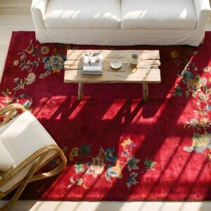 Antique Rich Red Color Floral Minimalist Design Chinese Area Rug (SKU 24231) - styled overhead view