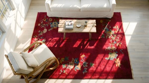 Antique rich red color floral minimalist design chinese area rug (sku 24231) - styled overhead view