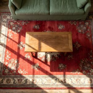 Antique Rich Red Color Minimalist Art Deco Chinese Rug (SKU 22192) - styled overhead view