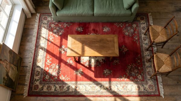Antique rich red color minimalist art deco chinese rug 2 Antique rich red color minimalist art deco chinese rug (sku 22192) - styled overhead view