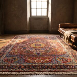 Rich Red Jewel Tone Antique Wool Pile Persian Medallion Kerman Rug (SKU 22256) - room view