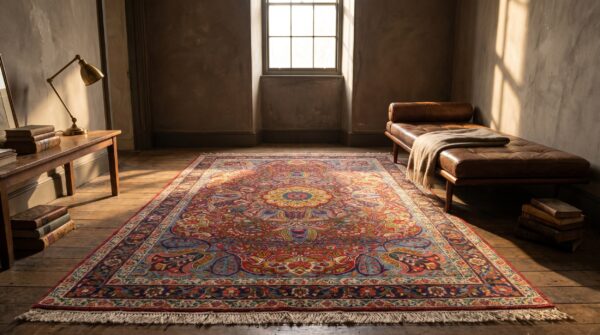 Rich red jewel tone antique wool pile persian medallion kerman rug (sku 22256) - room view