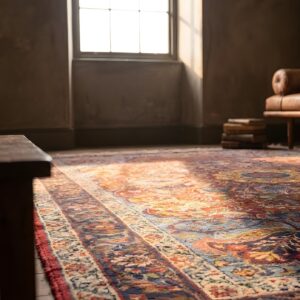 Rich Red Jewel Tone Antique Wool Pile Persian Medallion Kerman Rug (SKU 22256) - in-room detail