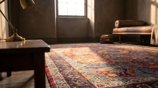 Rich red jewel tone antique wool pile persian medallion kerman rug (sku 22256) - in-room detail