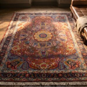Rich Red Jewel Tone Antique Wool Pile Persian Medallion Kerman Rug (SKU 22256) - styled overhead view