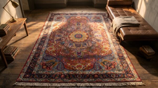 Rich red jewel tone antique wool pile persian medallion kerman rug (sku 22256) - styled overhead view
