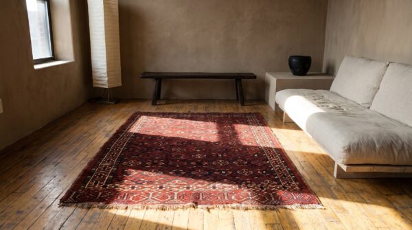 Antique rich red turkmen tekke tribal 1880's central asian square rug 7 Antique rich red turkmen tekke tribal 1880's central asian square rug (sku 22988) - room view