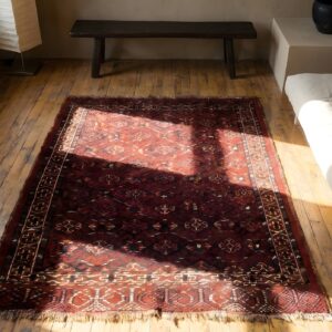 Antique Rich Red Turkmen Tekke Tribal 1880's Central Asian Square Rug (SKU 22988) - styled overhead view