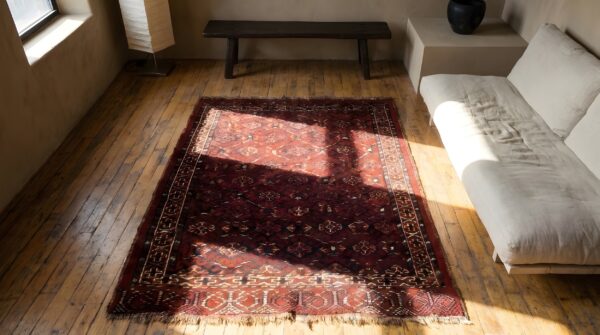 Antique rich red turkmen tekke tribal 1880's central asian square rug 2 Antique rich red turkmen tekke tribal 1880's central asian square rug (sku 22988) - styled overhead view