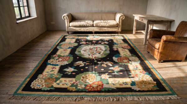 Antique romanian flat woven floral bird pattern bessarabian kilim rug 6 Antique romanian flat woven floral bird pattern bessarabian kilim rug (sku 22613) - room view