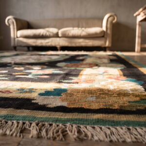 Antique Romanian Flat Woven Floral Bird Pattern Bessarabian Kilim Rug (SKU 22613) - in-room detail
