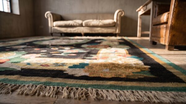 Antique romanian flat woven floral bird pattern bessarabian kilim rug 7 Antique romanian flat woven floral bird pattern bessarabian kilim rug (sku 22613) - in-room detail