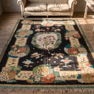 Antique Romanian Flat Woven Floral Bird Pattern Bessarabian Kilim Rug (SKU 22613) - styled overhead view
