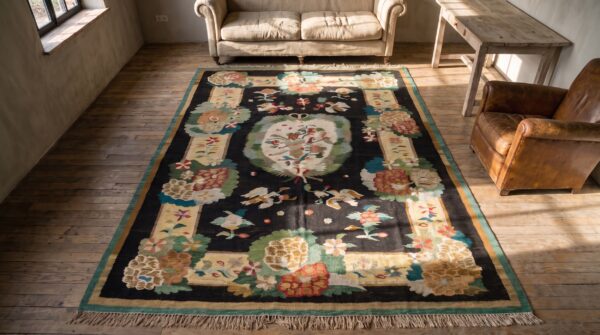 Antique romanian flat woven floral bird pattern bessarabian kilim rug 2 Antique romanian flat woven floral bird pattern bessarabian kilim rug (sku 22613) - styled overhead view