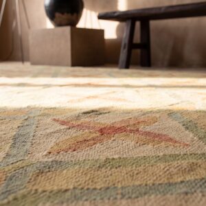 Antique Romanian Oversized Yellow Bessarabian Flat Weave Rug (SKU 17339) - in-room detail