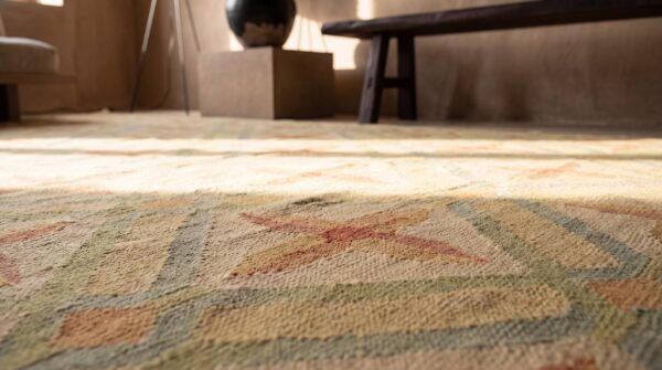 Antique romanian oversized yellow bessarabian flat weave rug 11 Antique romanian oversized yellow bessarabian flat weave rug (sku 17339) - in-room detail