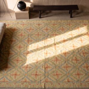 Antique Romanian Oversized Yellow Bessarabian Flat Weave Rug (SKU 17339) - styled overhead view