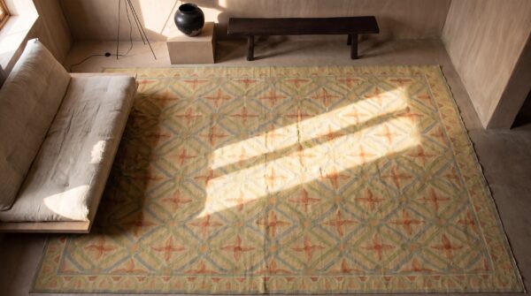 Antique romanian oversized yellow bessarabian flat weave rug 2 Antique romanian oversized yellow bessarabian flat weave rug (sku 17339) - styled overhead view