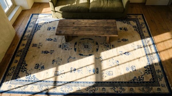 Antique room size 1890s chinese ivory rectangle knotted wool - peking rug 2 Antique room size 1890s chinese ivory rectangle knotted wool - peking rug (sku 23463) - styled overhead view