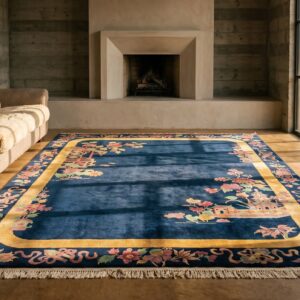 Room Size Knotted Wool 1920s Blue Antique Chinese - Art Deco Rug (SKU 22741) - room view
