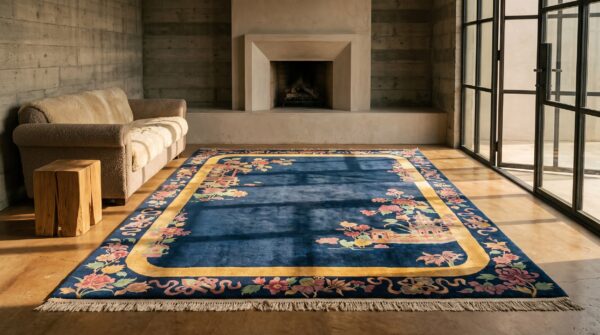 Room size knotted wool 1920s blue antique chinese - art deco rug 6 Room size knotted wool 1920s blue antique chinese - art deco rug (sku 22741) - room view