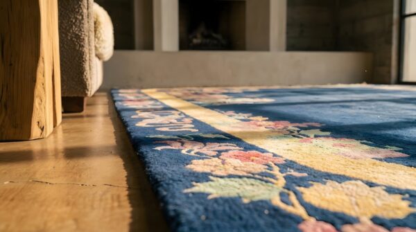 Room size knotted wool 1920s blue antique chinese - art deco rug 7 Room size knotted wool 1920s blue antique chinese - art deco rug (sku 22741) - in-room detail