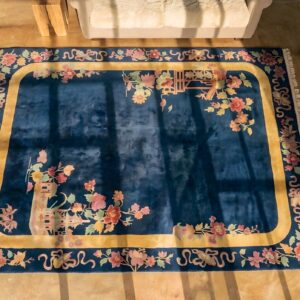 Room Size Knotted Wool 1920s Blue Antique Chinese - Art Deco Rug (SKU 22741) - styled overhead view
