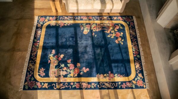 Room size knotted wool 1920s blue antique chinese - art deco rug 2 Room size knotted wool 1920s blue antique chinese - art deco rug (sku 22741) - styled overhead view