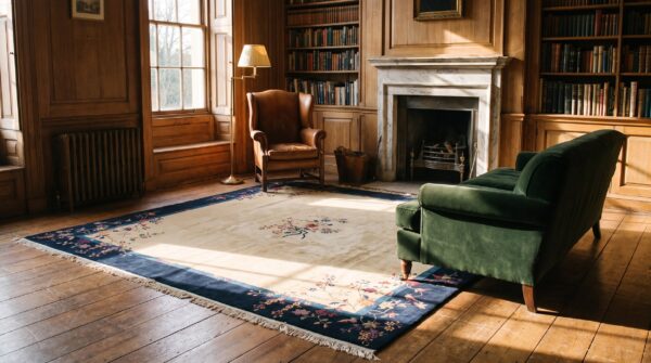 Room size antique 1920s chinese peking ivory knotted wool square rug (sku 23170) - room view