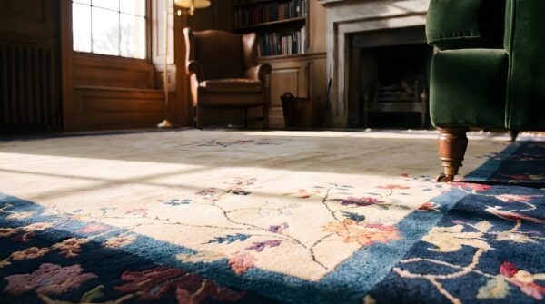 Room size antique 1920s chinese peking ivory knotted wool square rug (sku 23170) - in-room detail