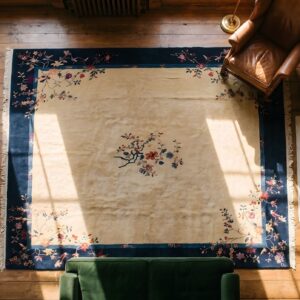 Room Size Antique 1920s Chinese Peking Ivory Knotted Wool Square Rug (SKU 23170) - styled overhead view