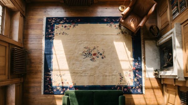 Room size antique 1920s chinese peking ivory knotted wool square rug (sku 23170) - styled overhead view