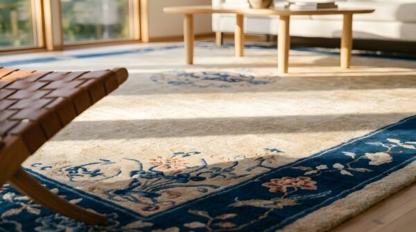 Knotted wool room size 1920s rectangle chinese - peking antique ivory rug 9 Knotted wool room size 1920s rectangle chinese - peking antique ivory rug (sku 25416) - in-room detail