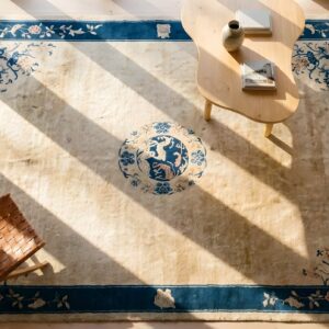 Knotted Wool Room Size 1920s Rectangle Chinese - Peking Antique Ivory Rug (SKU 25416) - styled overhead view