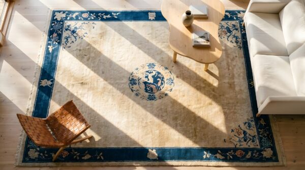 Knotted wool room size 1920s rectangle chinese - peking antique ivory rug 2 Knotted wool room size 1920s rectangle chinese - peking antique ivory rug (sku 25416) - styled overhead view