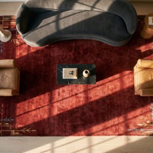 Room Size 1930s Knotted Antique Rectangle Chinese - Art Deco Red Wool Rug (SKU 21781) - styled overhead view