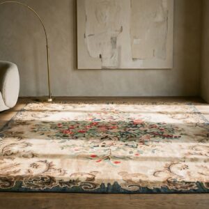 Room Size American Hooked Antique Ivory Wool 1930s Rug (SKU 19821) - room view