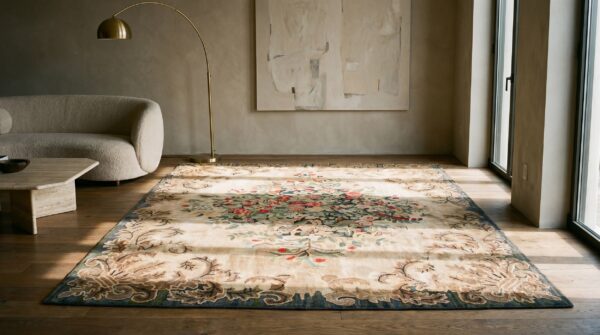 Room size american hooked antique ivory wool 1930s rug 6 Room size american hooked antique ivory wool 1930s rug (sku 19821) - room view
