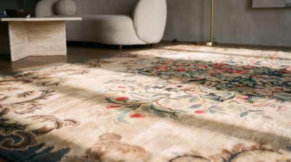 Room size american hooked antique ivory wool 1930s rug 7 Room size american hooked antique ivory wool 1930s rug (sku 19821) - in-room detail