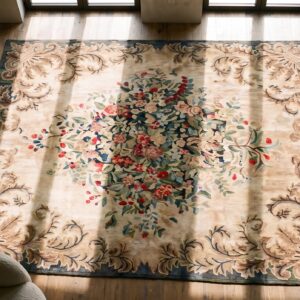 Room Size American Hooked Antique Ivory Wool 1930s Rug (SKU 19821) - styled overhead view
