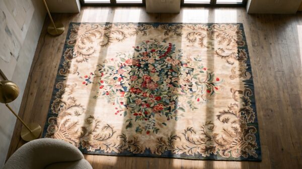 Room size american hooked antique ivory wool 1930s rug 2 Room size american hooked antique ivory wool 1930s rug (sku 19821) - styled overhead view
